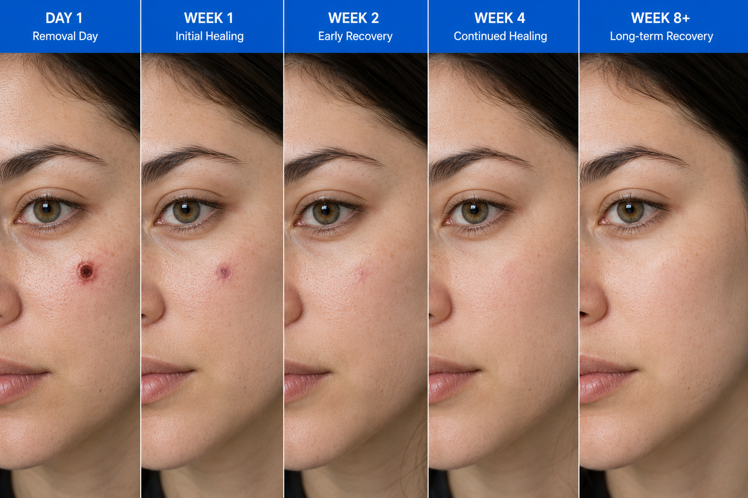 Mole healing timeline showing skin recovery from Day 1 through Week 8+