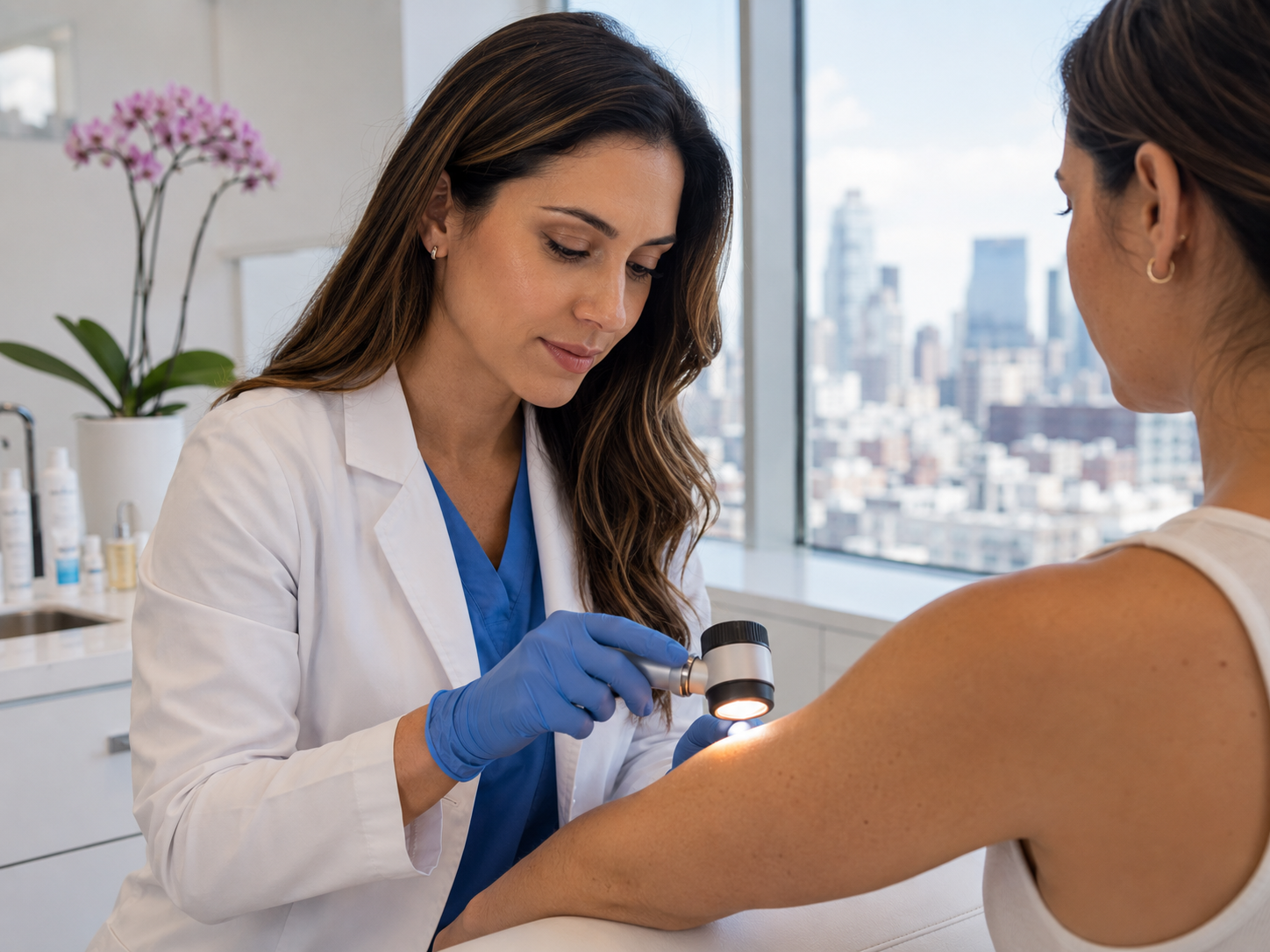 A consultant dermatologist examines a patient's skin using a handheld dermatoscope in a London private clinic.