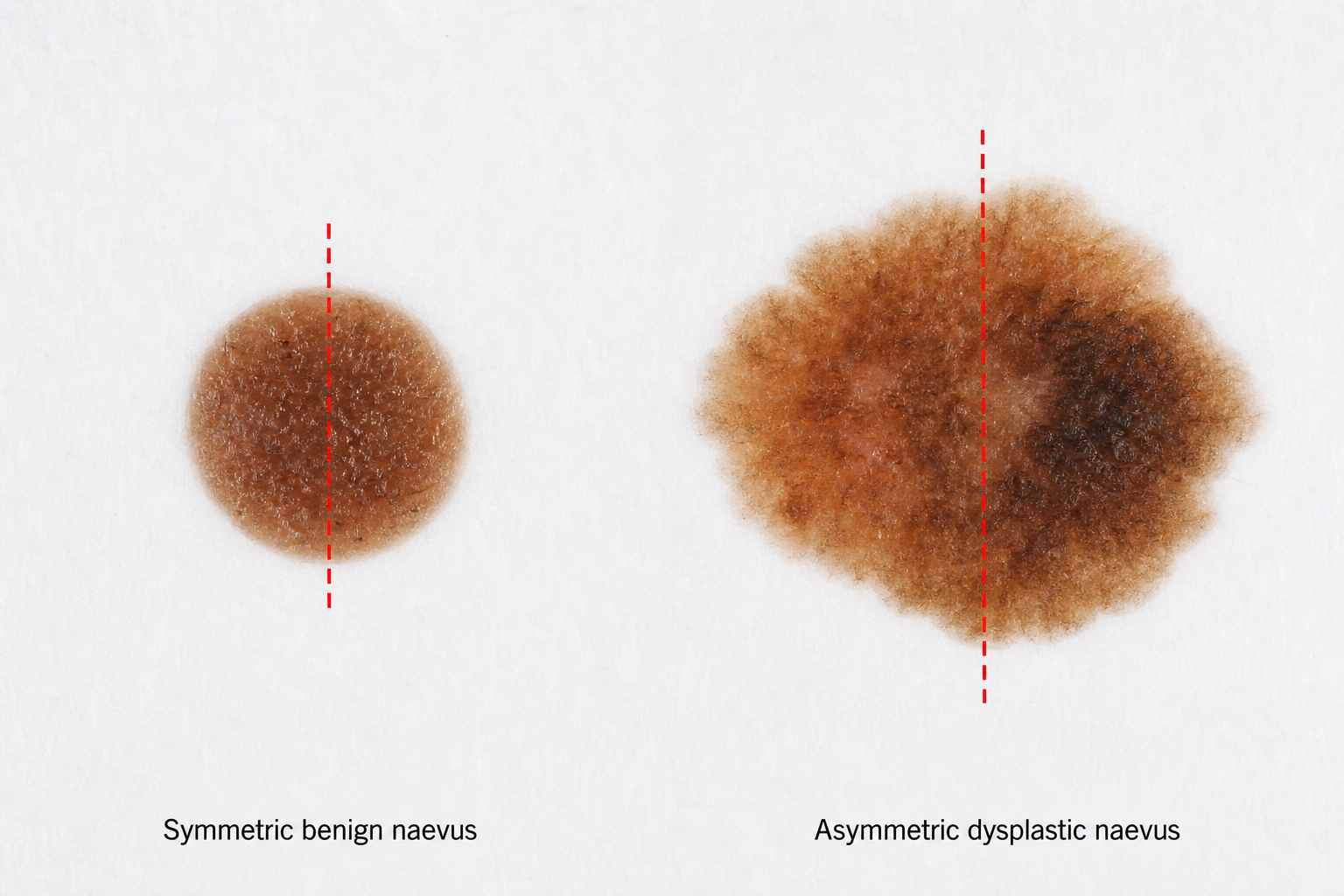 Two moles side by side — left is perfectly symmetric with a dashed centre line showing matching halves; right is clearly asymmetric with one half noticeably larger.