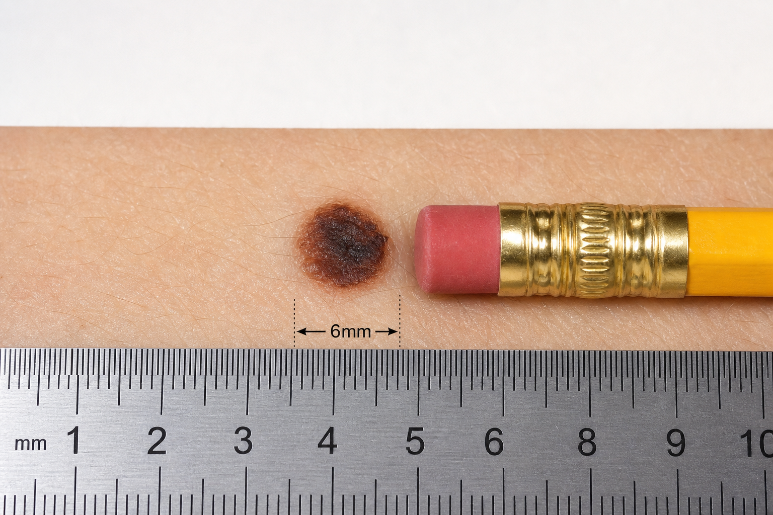 A mole photographed next to a pencil eraser and millimetre ruler, both showing the 6mm diameter reference size.