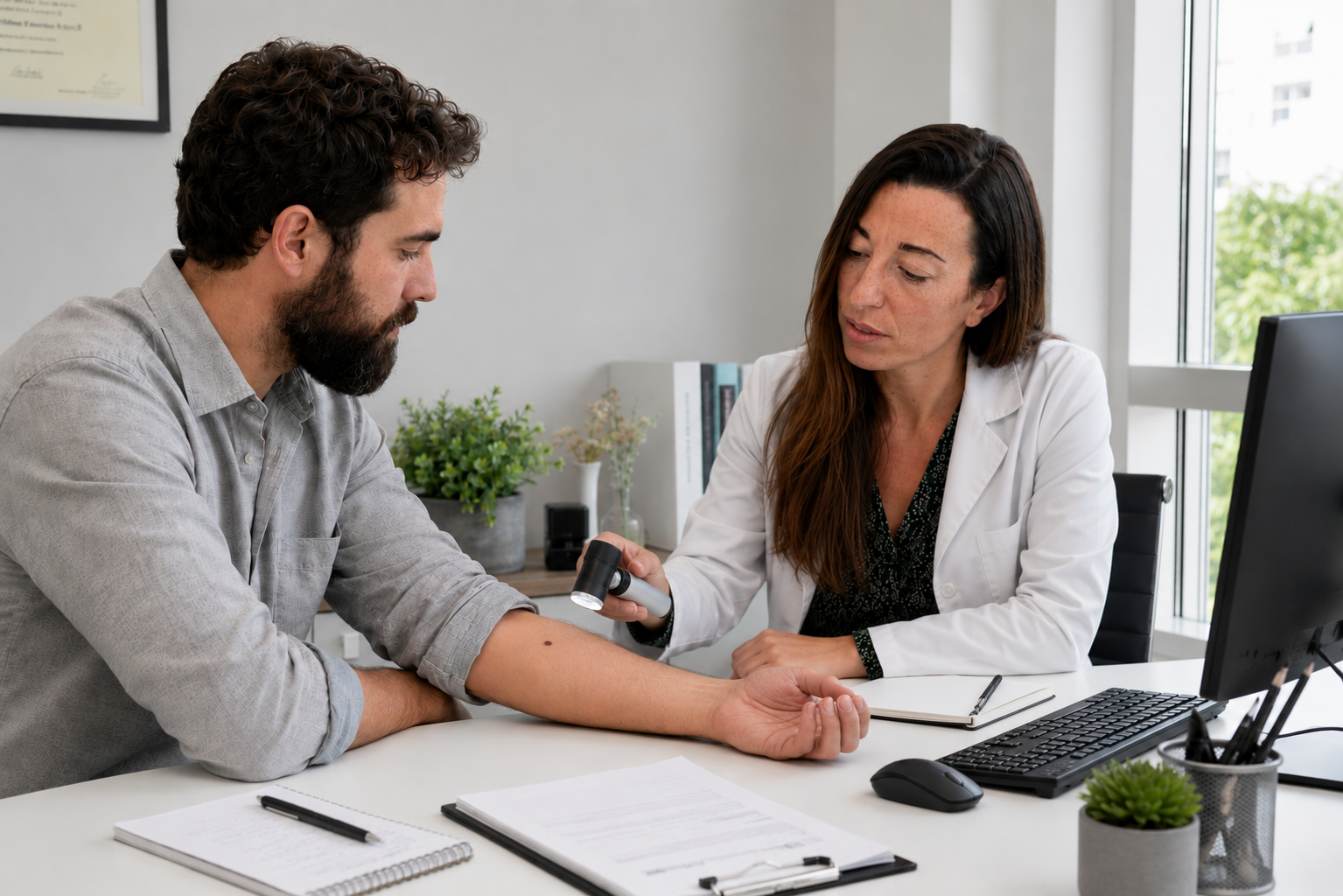 A consultant dermatologist sat with a patient at a private clinic, examining the patient's forearm with a handheld dermatoscope under warm clinical lighting.