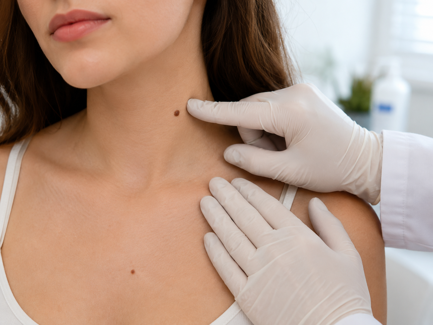 A dermatologist wearing blue nitrile gloves examines a row of brown moles on a patient's skin using a handheld dermatoscope in a private clinic setting.